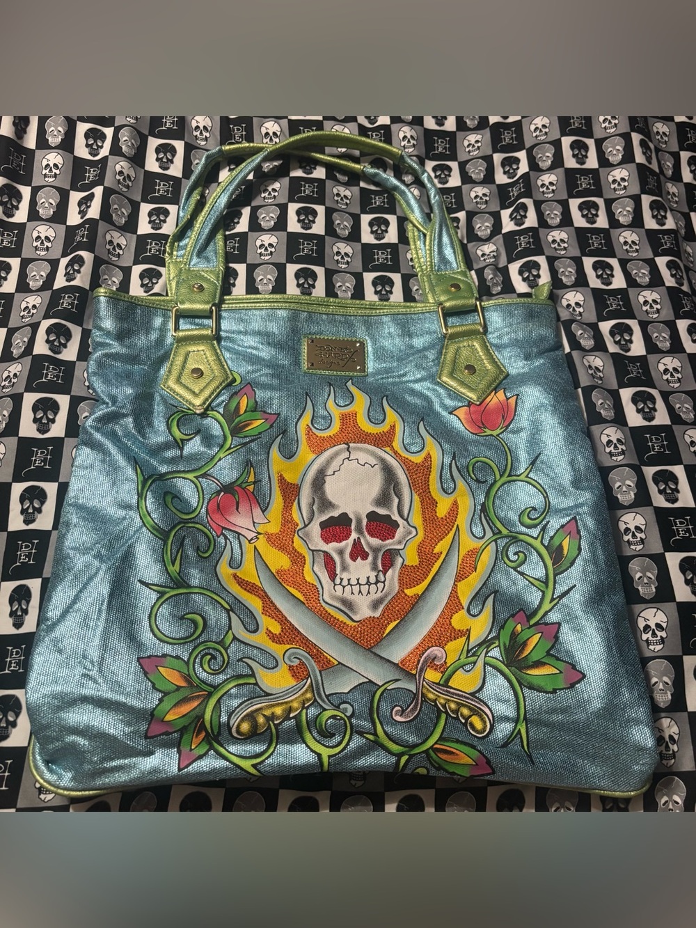 Y2K Rare Hard to Find Blue and Green Arielle Ed Hardy Tote Shoulder Bag Purse